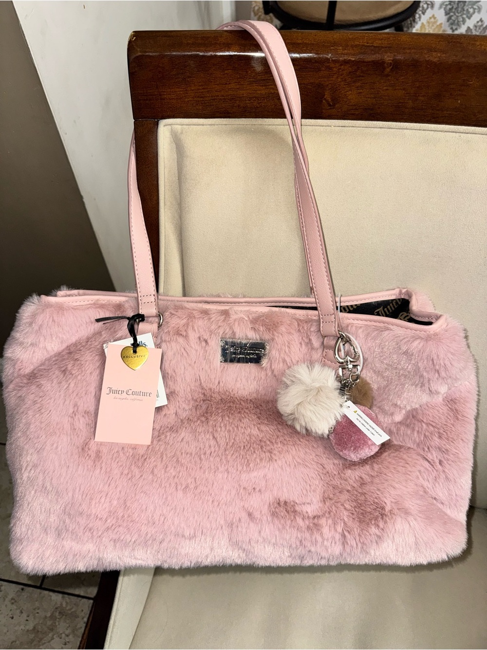 Juicy Couture Pink Faux Fur Tote with Pom-Pom Charm